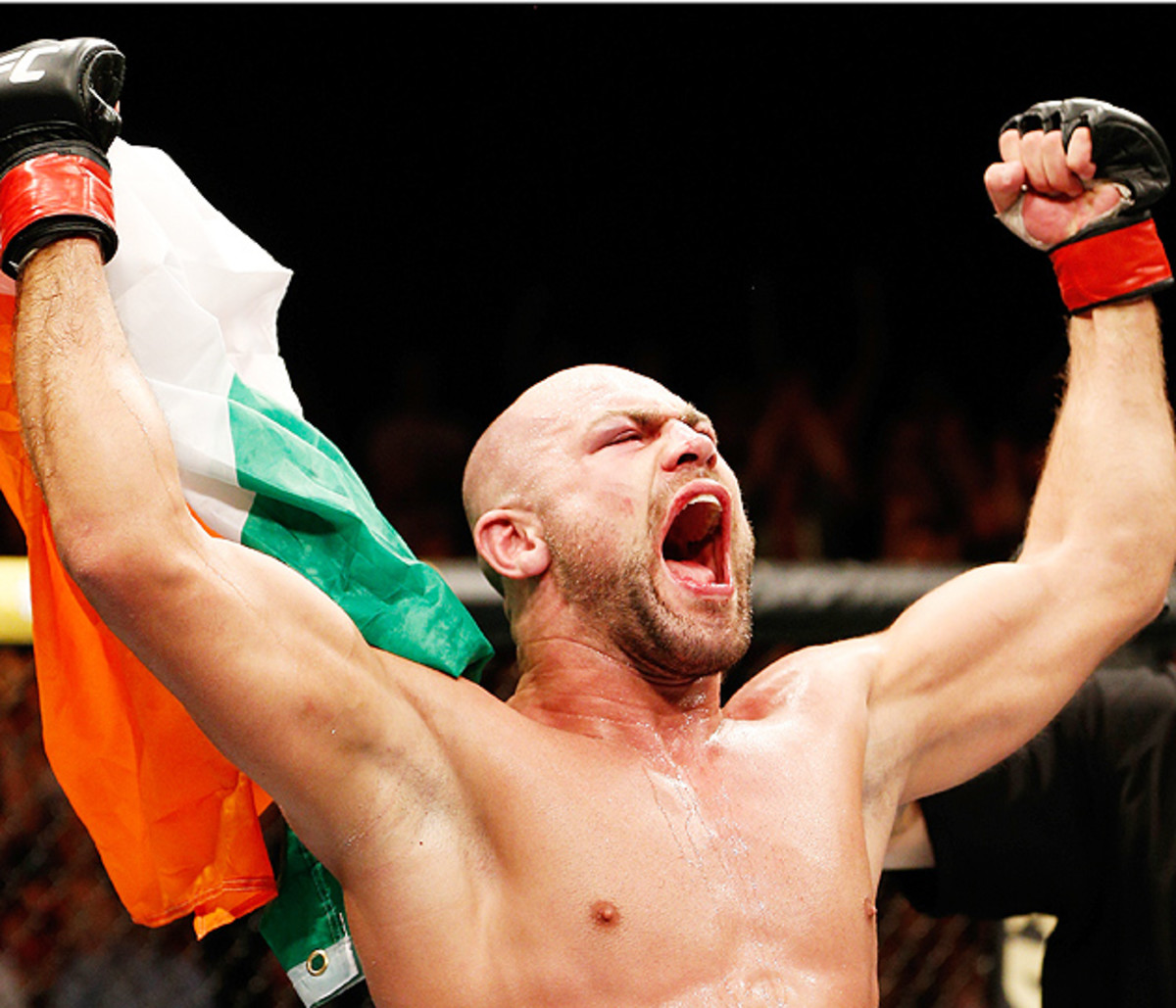 Irishman Cathal Pendred celebrates his submission victory over Mike King.