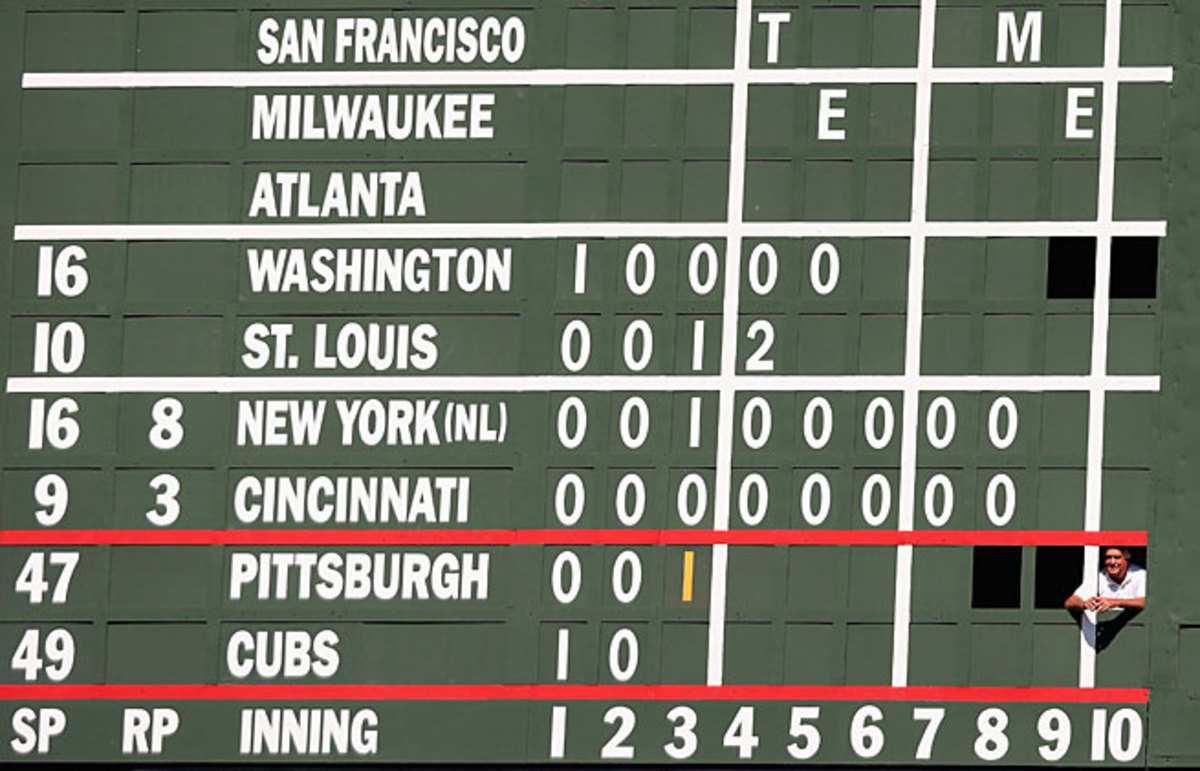 The hand-operated scoreboard in centerfield is one of Wrigley's most iconic touches.