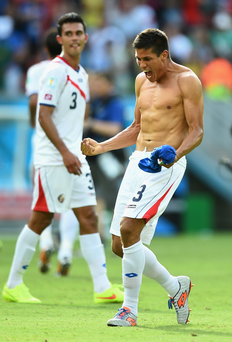 Cristian Gamboa of Costa Rica celebrates after victory in the 2014 FIFA World Cup Brazil Group D match between Italy and Costa Rica