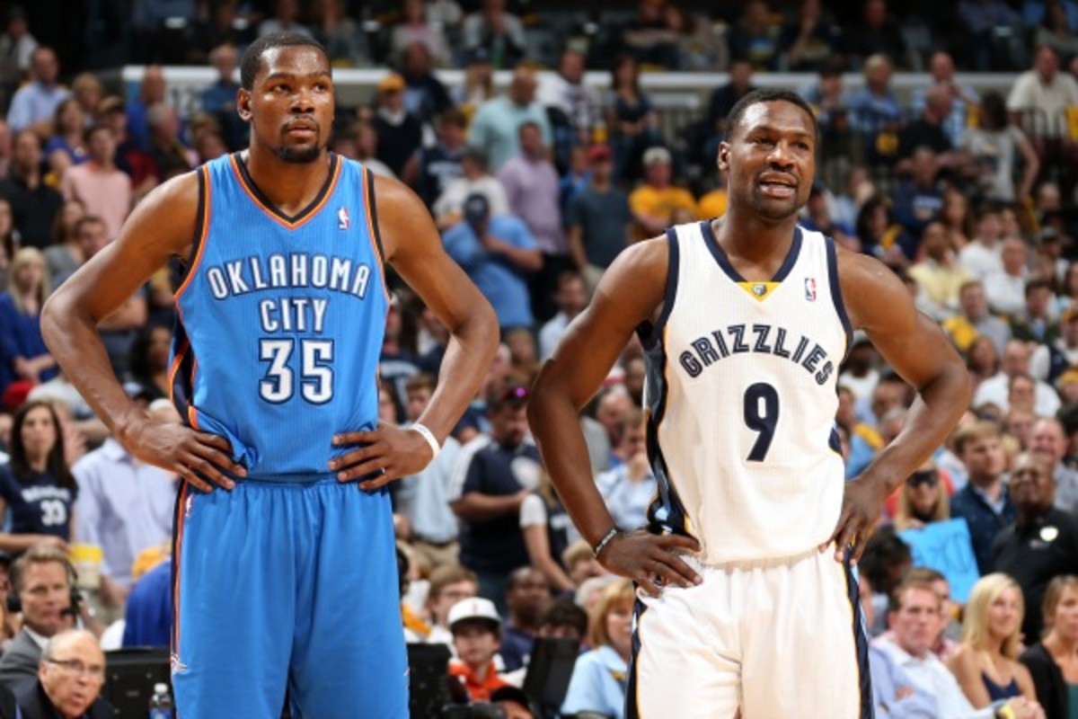 Tony Allen (right) has been in Kevin Durant's shadow most of their first-round playoff series. (Joe Murphy/Getty Images)