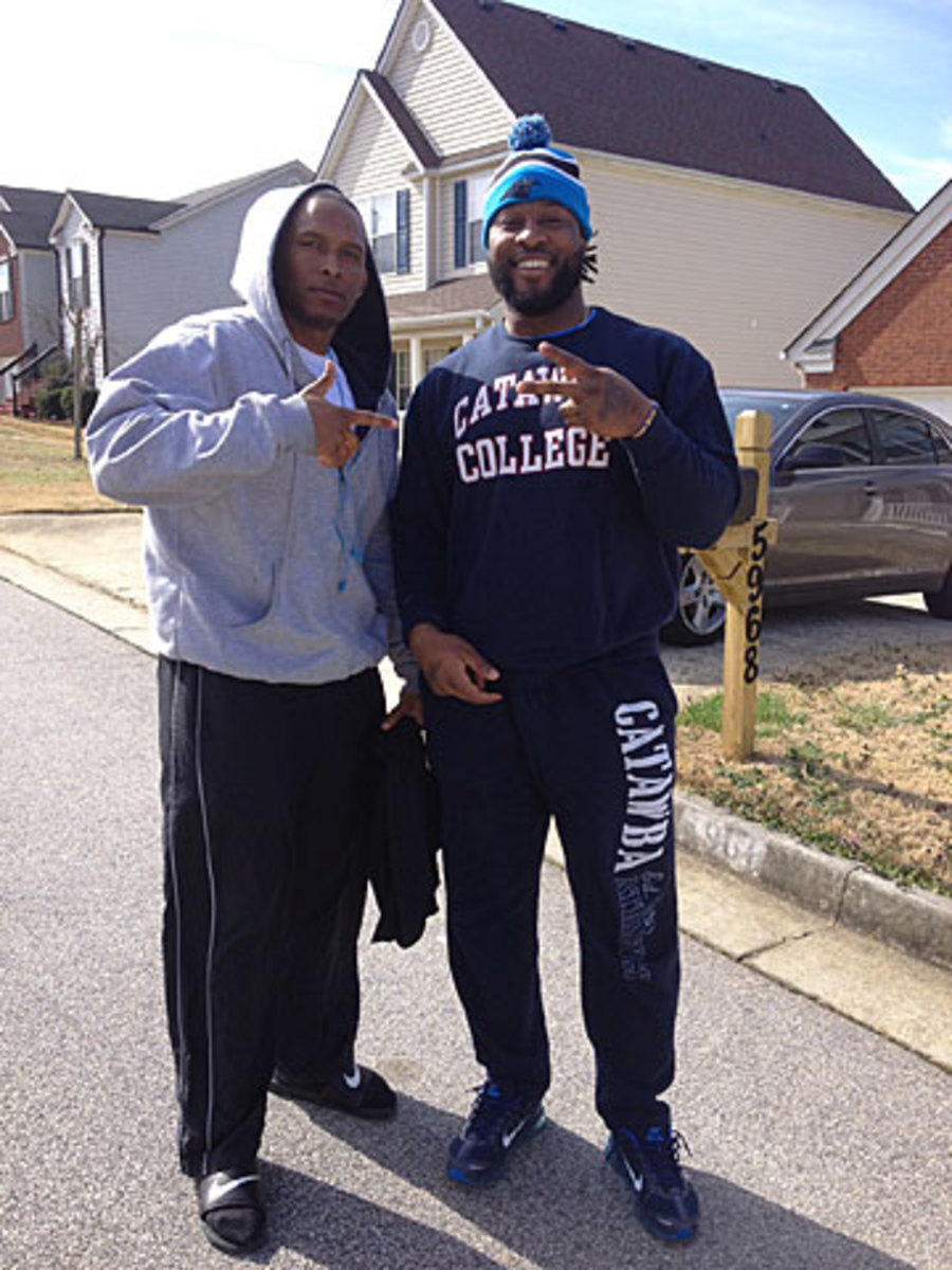 Former Catawaba QB NAMETK (l.) and wideout Christopher Peoples on the Saturday of the Atlanta regional combine. (Courtesy photo)