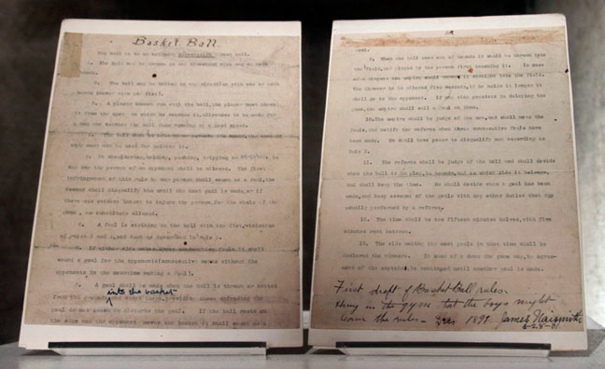The original pages of Naismith's 13 rules of Basket Ball were auctioned off in 2010 for $4.3 million. The document is housed at the University of Kansas DeBruce Center. 
