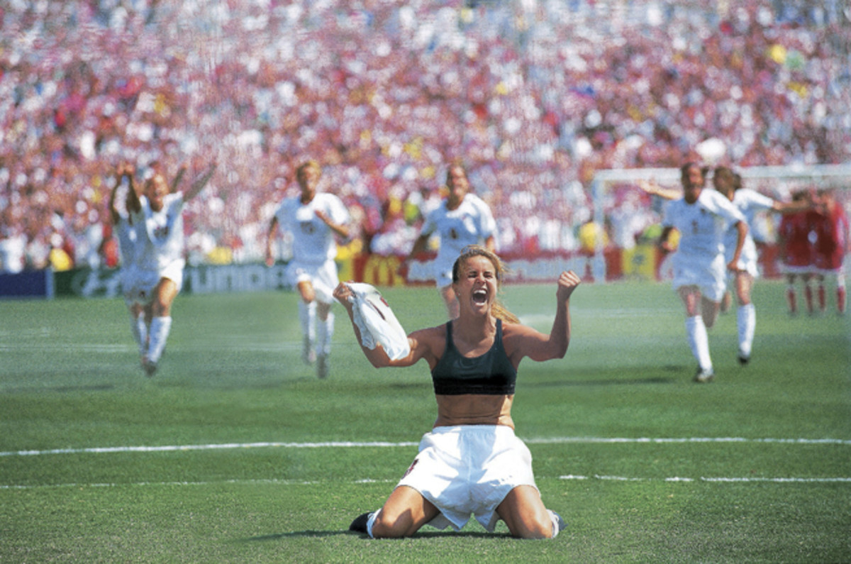 Brandi Chastain provides the lasting image of the 1999 Women's World Cup, ripping off her shirt and celebrating after her cup-clinching penalty against China at the Rose Bowl.
