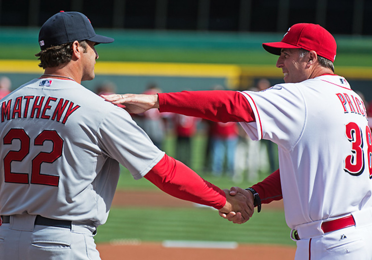 Cardinals manager Mike Matheny and Reds boss Bryan Price greet one another before the season opener.