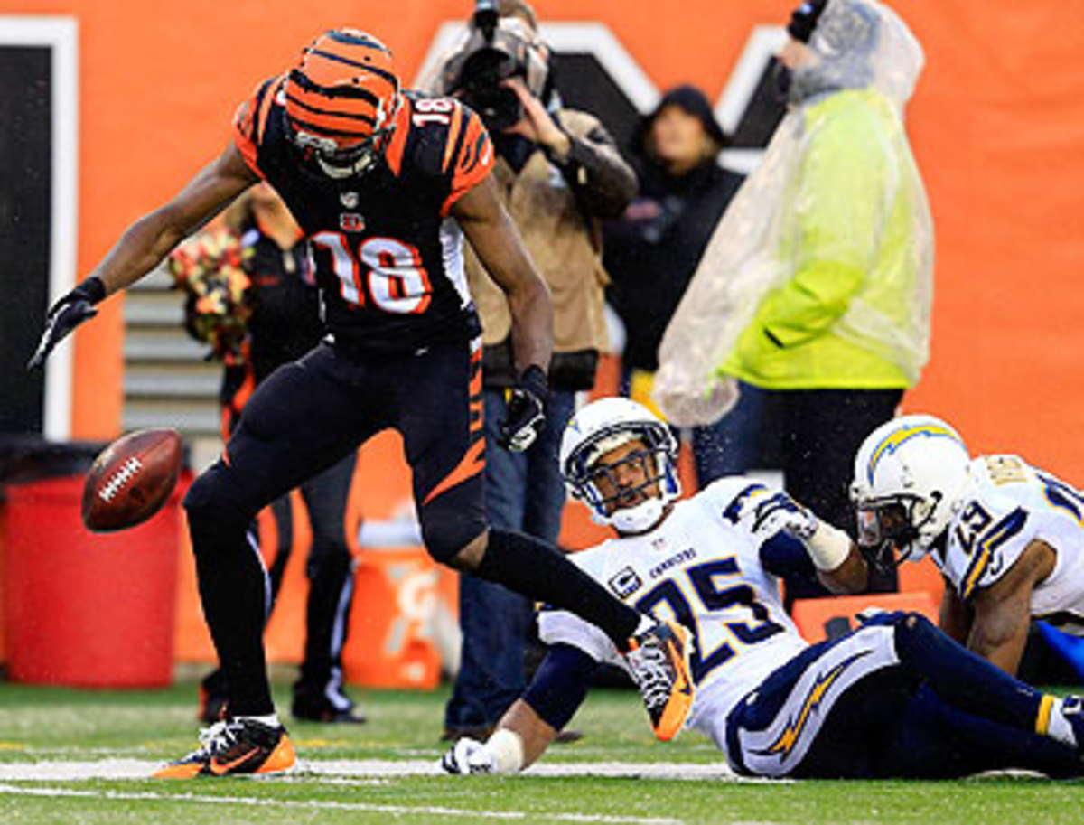 A.J. Green's drop of a likely touchdown might have changed the course of the Bengals-Chargers wild-card game. (Rob Carr/Getty Images)