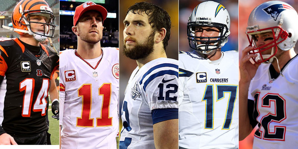 For various reasons, Andy Dalton, Alex Smith, Andrew Luck, Philip Rivers and Tom Brady will be watching—or not watching—Super Bowl XLVIII instead of playing in it. (Getty Images/5)