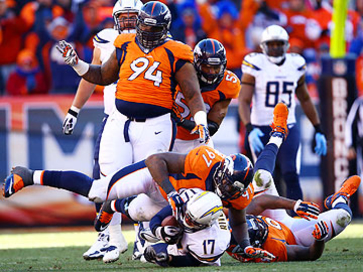 The Chargers offensive line allowed four sacks of Philip Rivers in a divisional loss to the Broncos. (Hyoung Chang/Getty Images)
