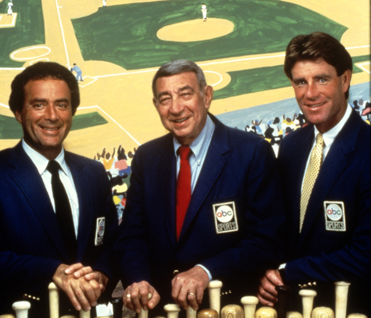 From left to right: Al Michaels, Howard Cosell and Hall of Fame pitcher Jim Palmer.