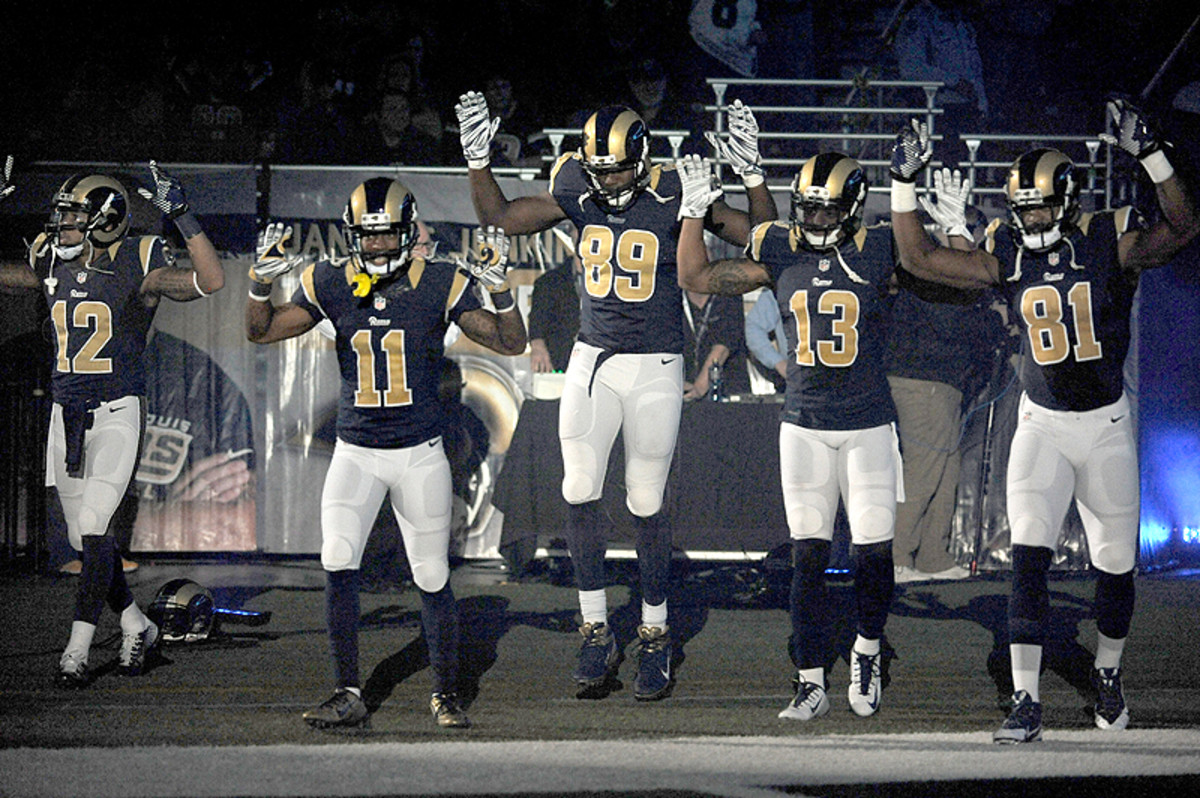 Rams receivers entered the field with a message on Sunday. (L.G. Patterson/AP)