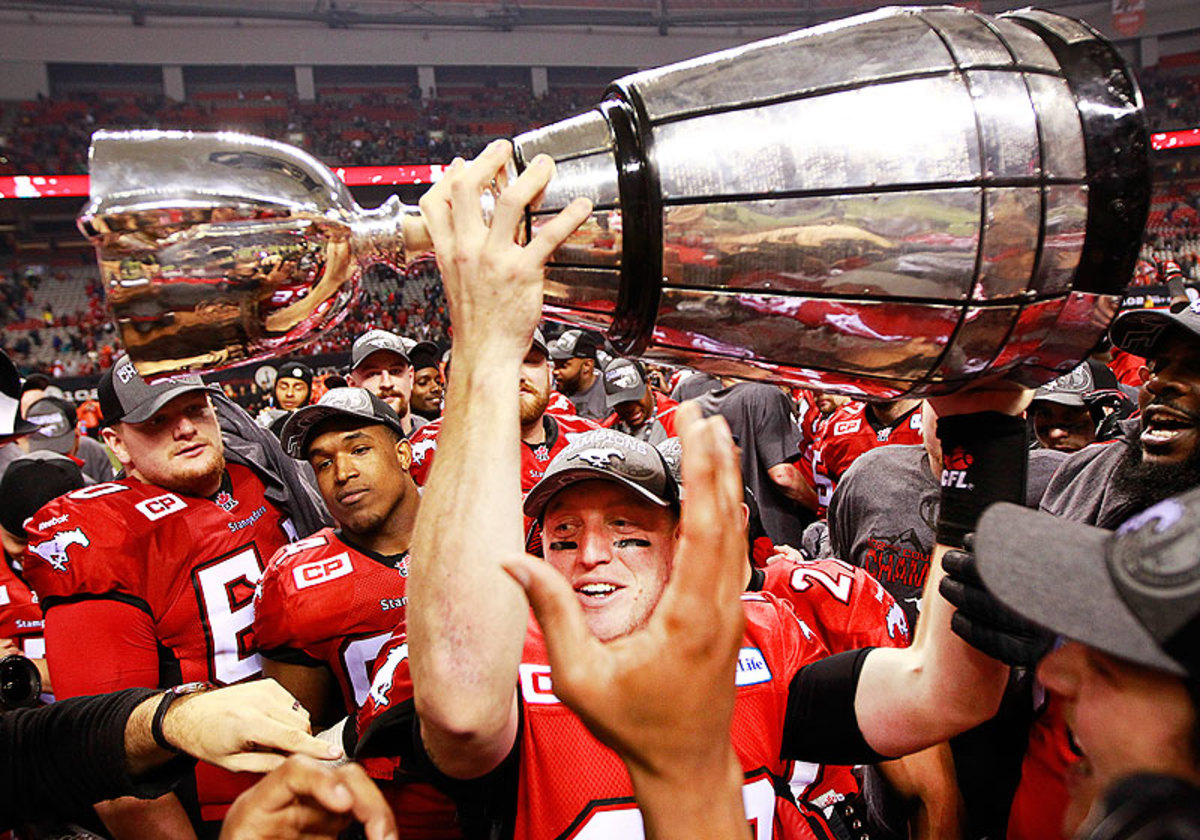 Quarterback Bo Levi Mitchell was named the game's most outstanding player for leading the Calgary Stampeders to the Grey Cup title. (Jeff Vinnick/Getty Images)