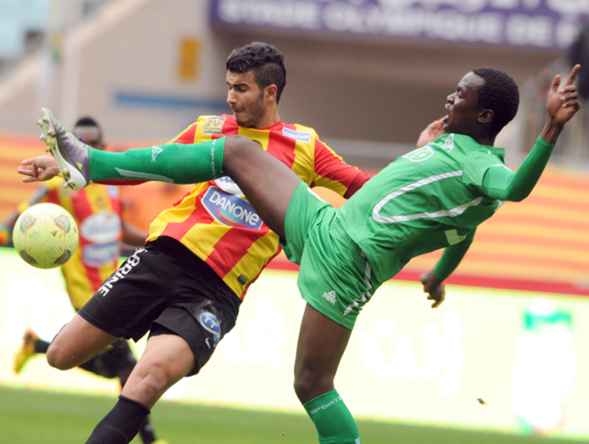 Gor Mahia FC defender Musa Mohamed, right, vies for the ball with Esperance of Tunis Striker Haythem Juini during an African Champions League match last month.