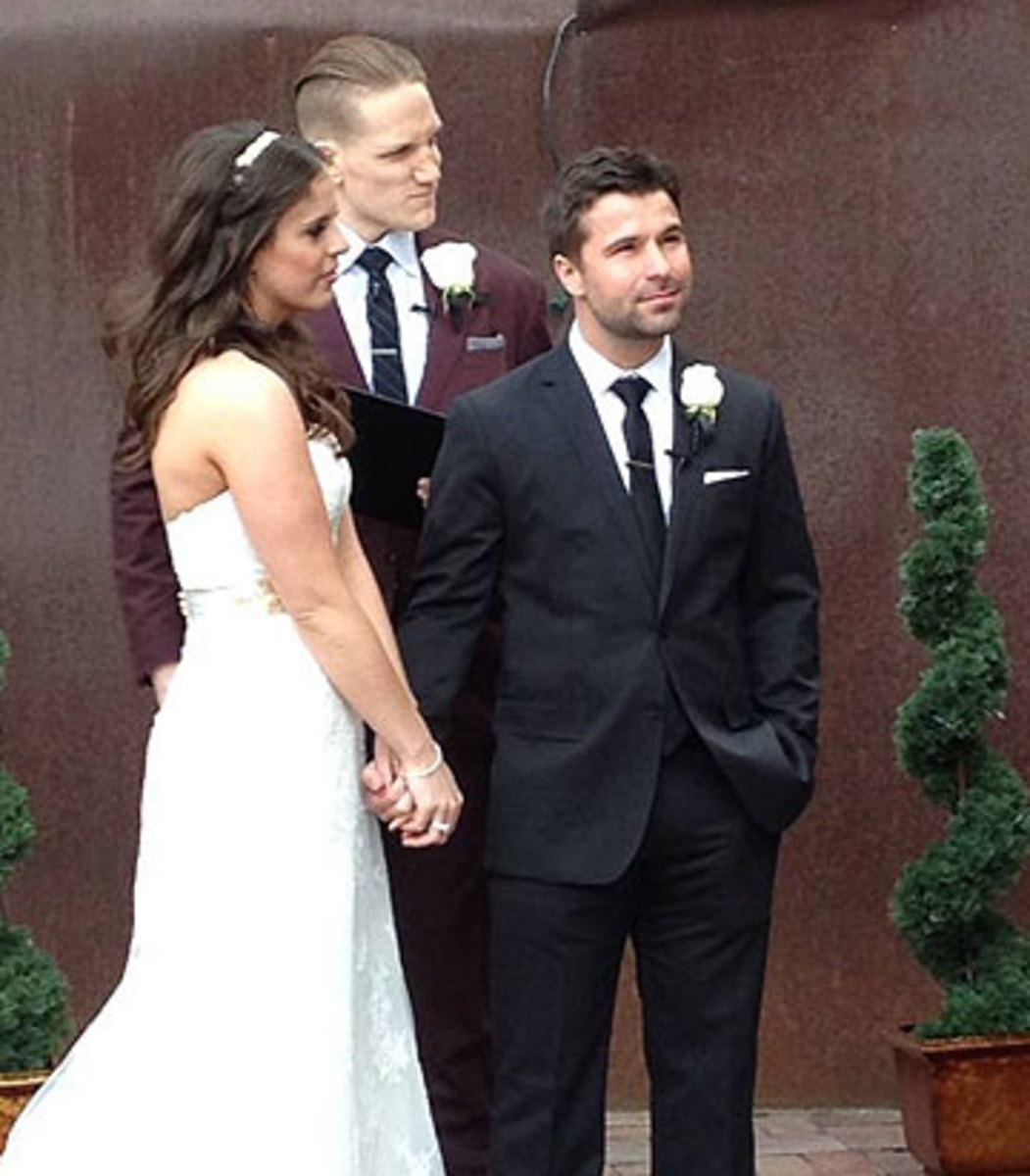 A.J. Hawk presided over the wedding of Packers trainer Nate Weir and his new wife Leslie. (Courtesy of A.J. Hawk)
