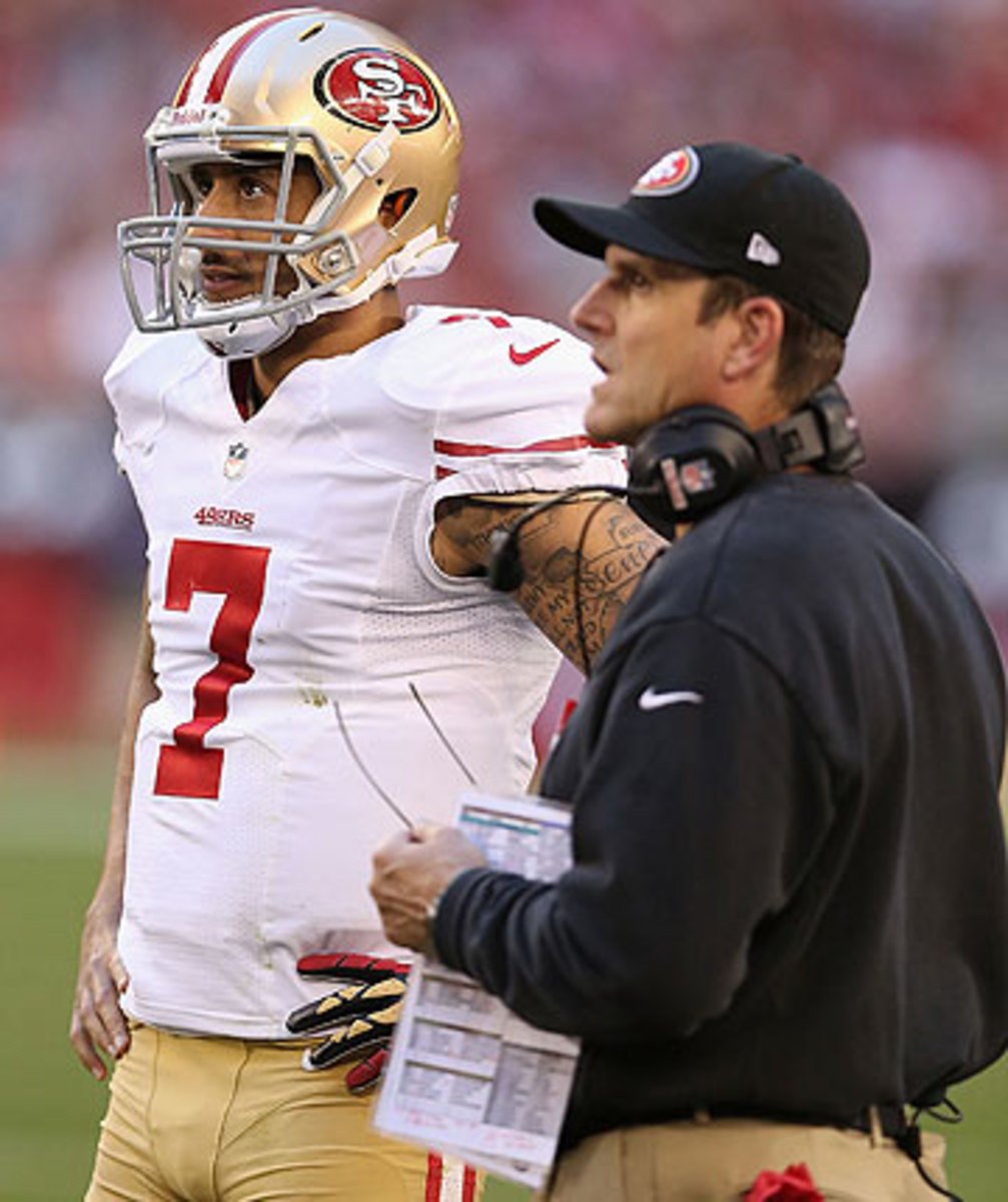 With Kaepernick as the quarterback, Jim Harbaugh's 49ers have reached two straight NFC title games, and three consecutive overall. (Christian Petersen/Getty Images)