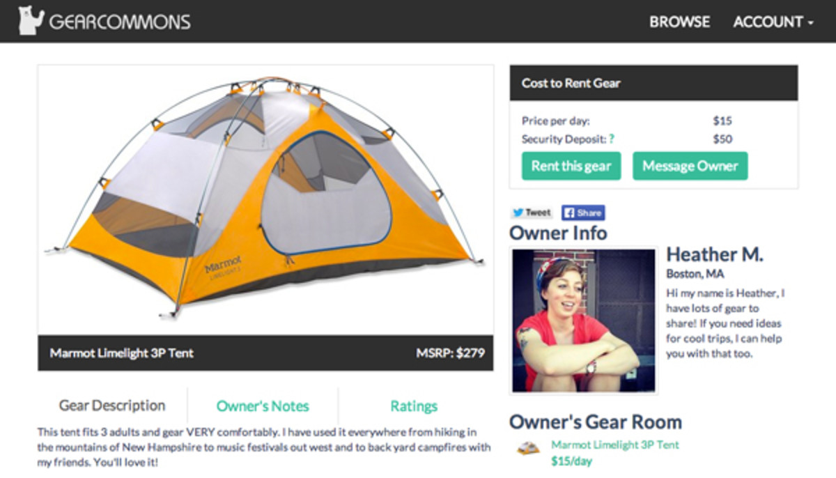 GearCommons' website offers people the chance to share gear they own with others looking to rent things like tents, backpacking equipment, kayaks and more. 