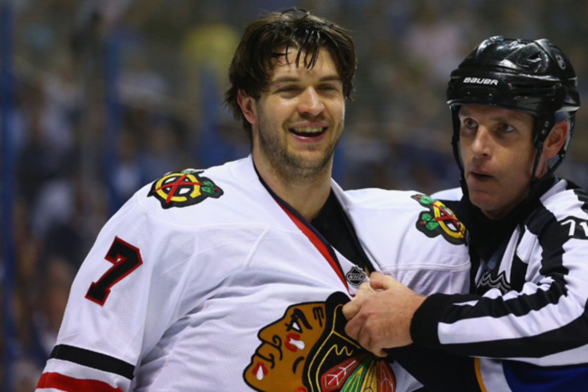 Brent Seabrook was ejected after a controversial hit on Blues captain David Backes. (Dilip Vishwanat/Getty Images)
