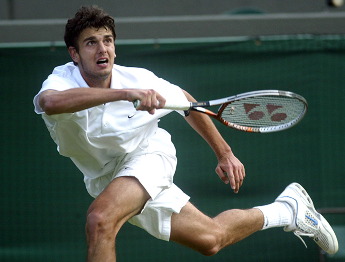 Mario Ancic down one set to Andy Roddick before rain stops semi-final match at 6-4, 4-3, on July 2, 2004 at Wimbledon. 