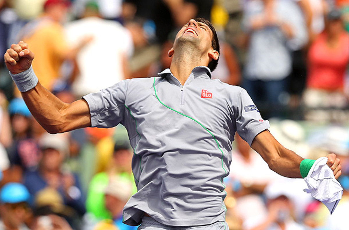 Novak Djokovic jumps for joy after defeating Rafael Nadal in the Sony Open final. (Mike Ehrmann/Getty Images)