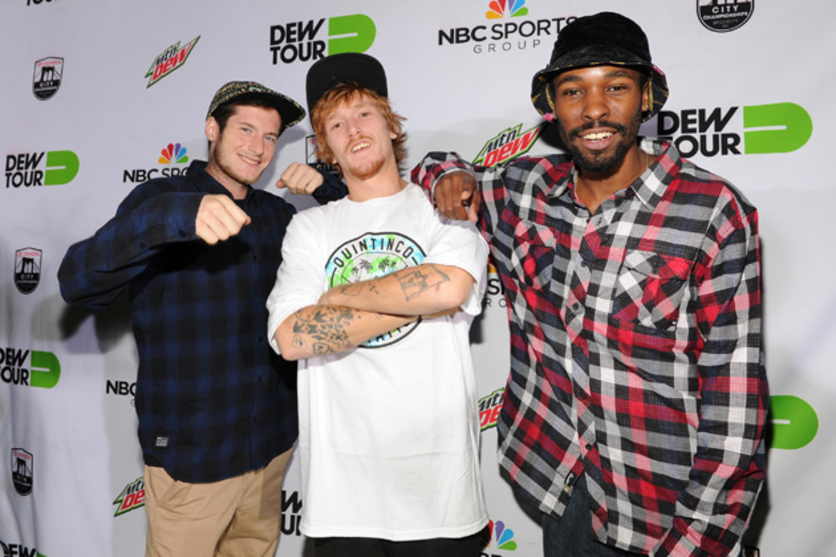 Chris Colbourn, Jordan Maxham and Travis Glover walk the green carpet at the Dew Tour Brooklyn Kickoff Party.