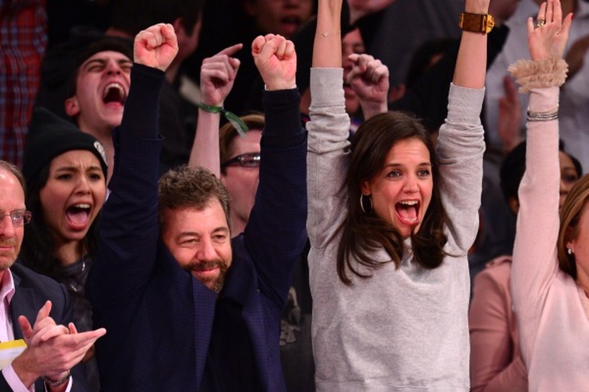 James Dolan (left) attended a recent Knicks game with actress Katie Holmes. (James Devaney/Getty Images)