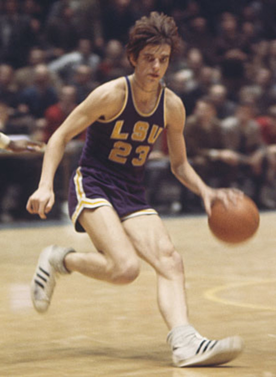 Maravich's hair-raising play fist made him famous as a collegian at LSU.