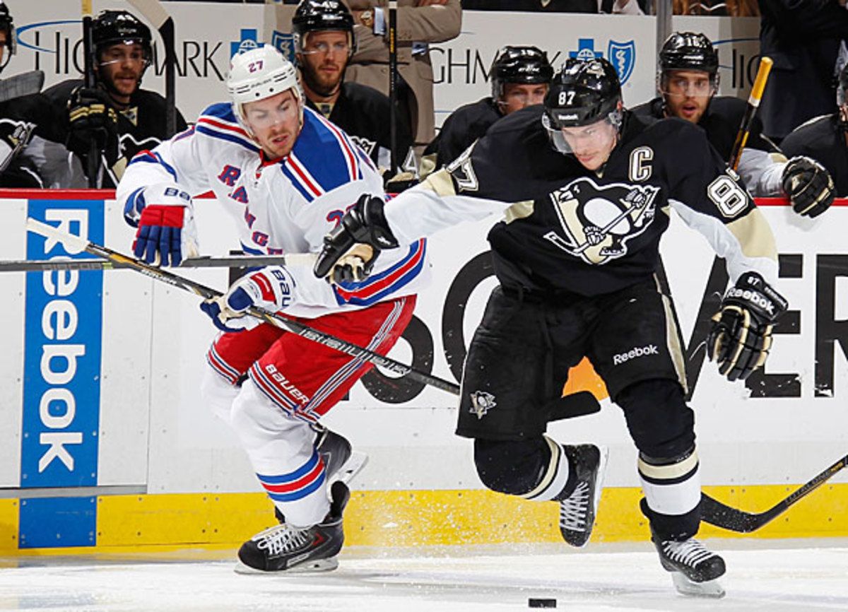 Sidney Crosby of the Pittsburg Penguins vs. the New York Rangers in NHL playoffs.