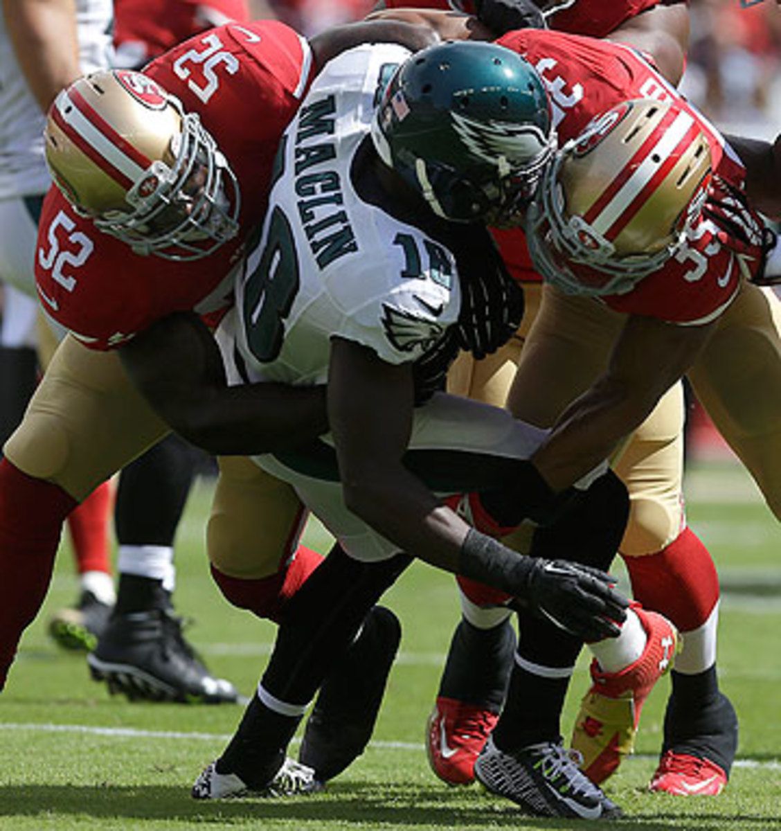 The 49ers defense dominated the Eagles, not allowing Philly to cross midfield until the fourth quarter. (Marcio Jose Sanchez/AP)