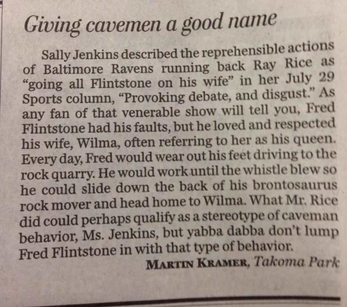 Letter to the editor objects to Fred Flinstone being compared to Ray Rice