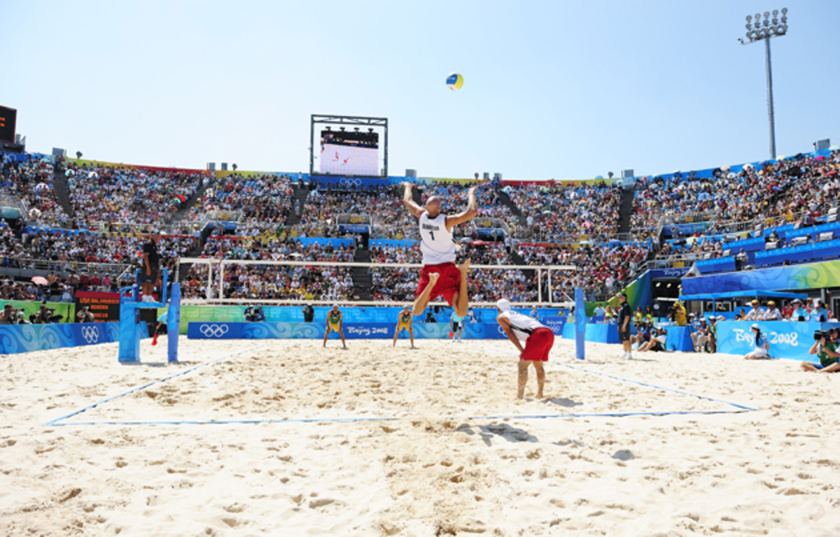 Phil Dalhausser leaps for a serve in the 2008 Summer Olympics against Brazil during the Men's Gold Medal Match at Chaoyang Park BV Ground in Beijing, China.