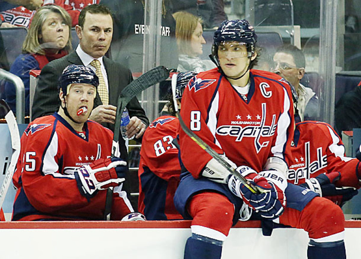 Coach Adam Oates and Alex Ovechkin of the Washington Capitals