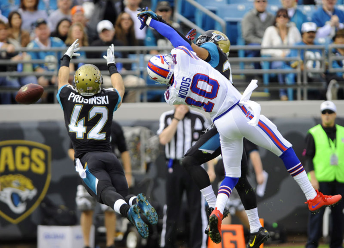 Jaguars cornerback Dwayne Gratz breaks up a pass against the Bills last December. (John Raoux/AP)