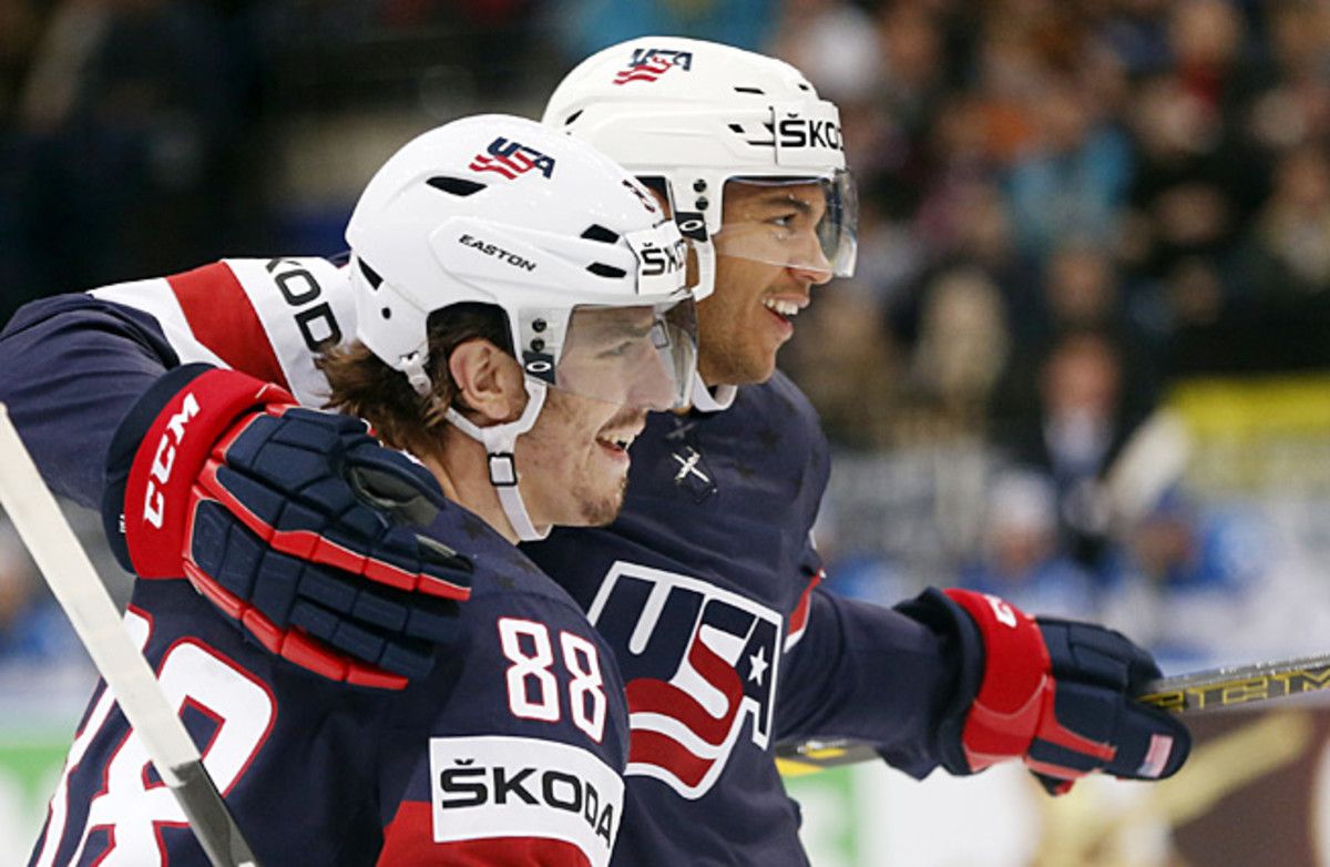 Peter Mueller and Seth Jones celebrated one of Team USA's few bright moments at the Worlds.