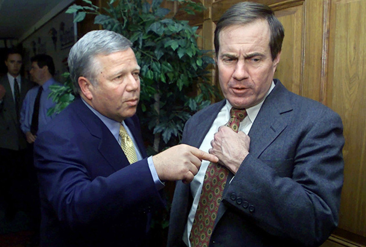 After initially hesitating, Robert Kraft (left) agreed to send the Jets a first-round pick for Bill Belichick.