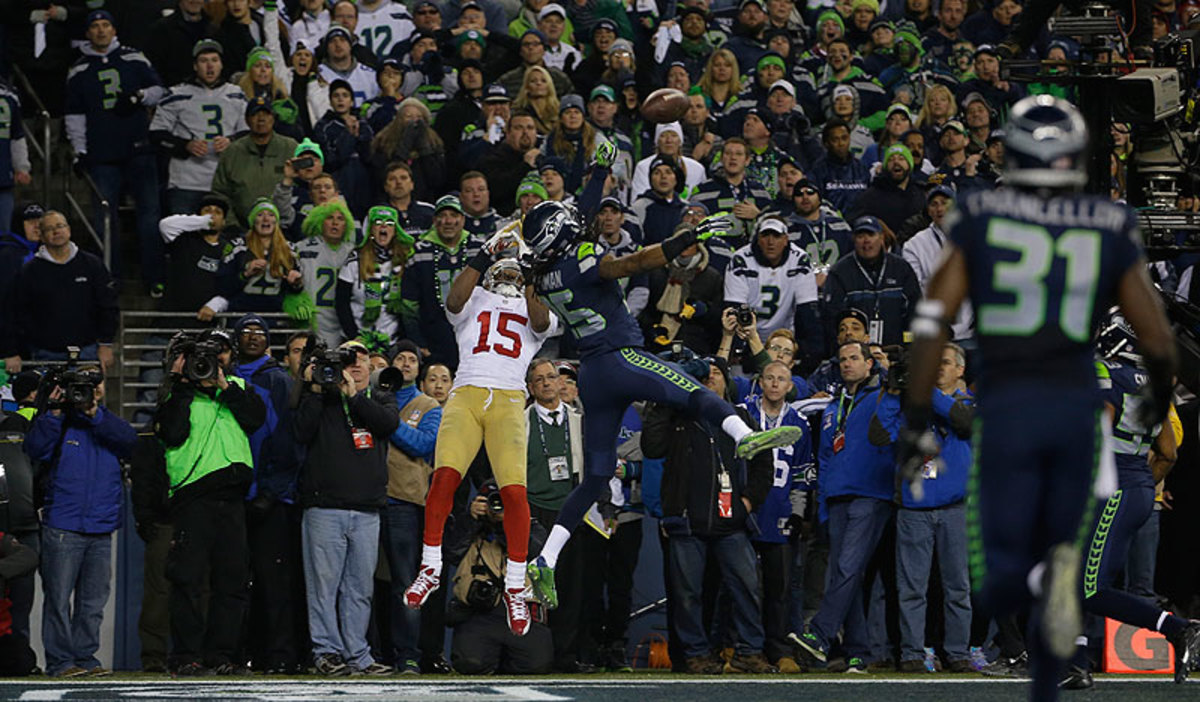 Richard Sherman tipped the pass attempted for Michael Crabtree, which resulted in a Seattle interception and the NFC title. (Matt Slocum/AP)