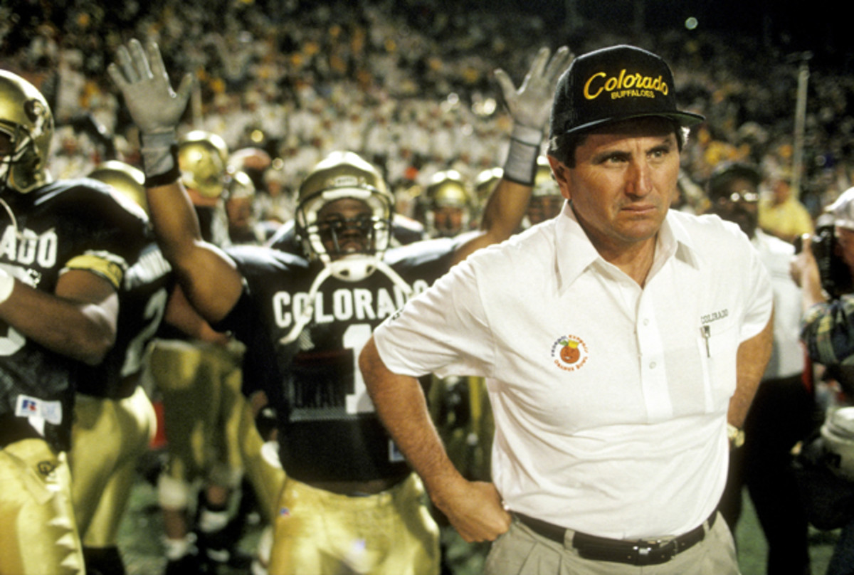 Colorado head coach Bill McCartney on sidelines with team before game vs. Notre Dame.