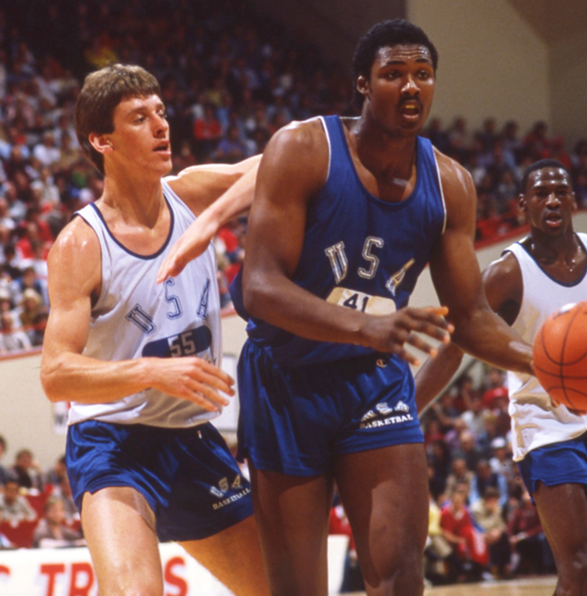 Malone battles Colorado's Jay Humphries during a 1984 Team USA scrimmage at Assembly Hall. (Rich Clarkson/SI)
