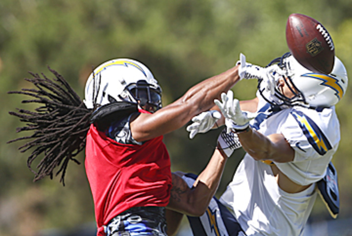 First-round cornerback Jason Verrett (in red) looked like the real deal. (Lenny Ignelzi/AP)