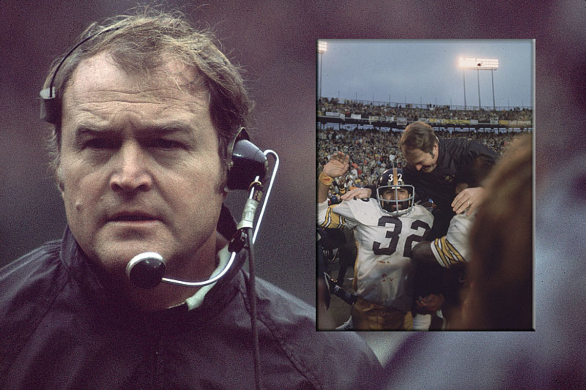 Noll coaching against the Browns in 1973 (l.) and getting carried off the field by Franco Harris (32) and Mean Joe Greene (75) after beating the Vikings in Super Bowl IX in January 1975. (Walter Iooss Jr./Sports Illustrated)