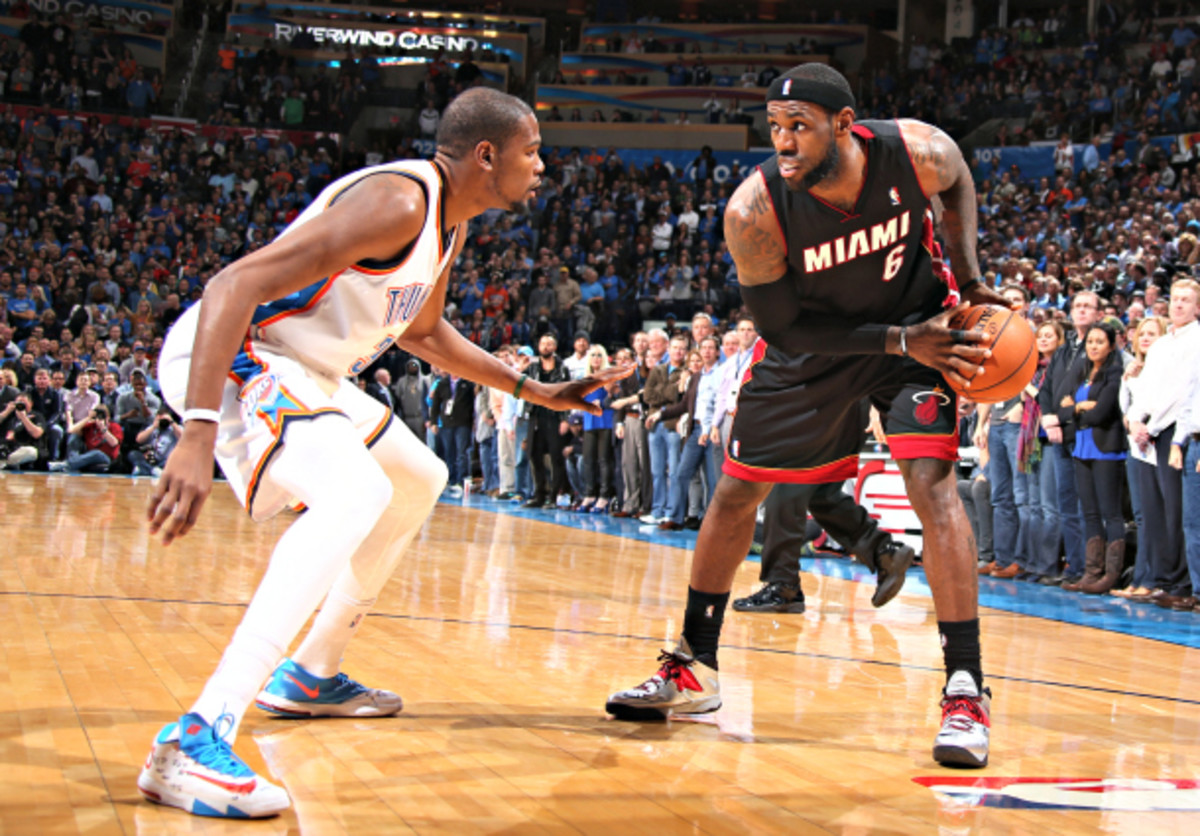 LeBron James (right) and Kevin Durant are battling game-by-game for the NBA's Most Valuable Player award. (Nathaniel S. Butler/NBAE via Getty Images)