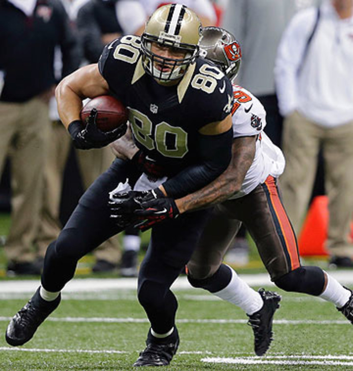 Jimmy Graham recently lost an arbitration decision but still might become the highest paid tight end ever in the NFL, if he and the Saints can agree to a new contract. (Bill Haber/AP)