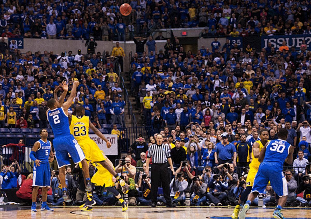 Aaron Harrison's three-pointer over Caris LeVert sent Kentucky to its third Final Four in four seasons.