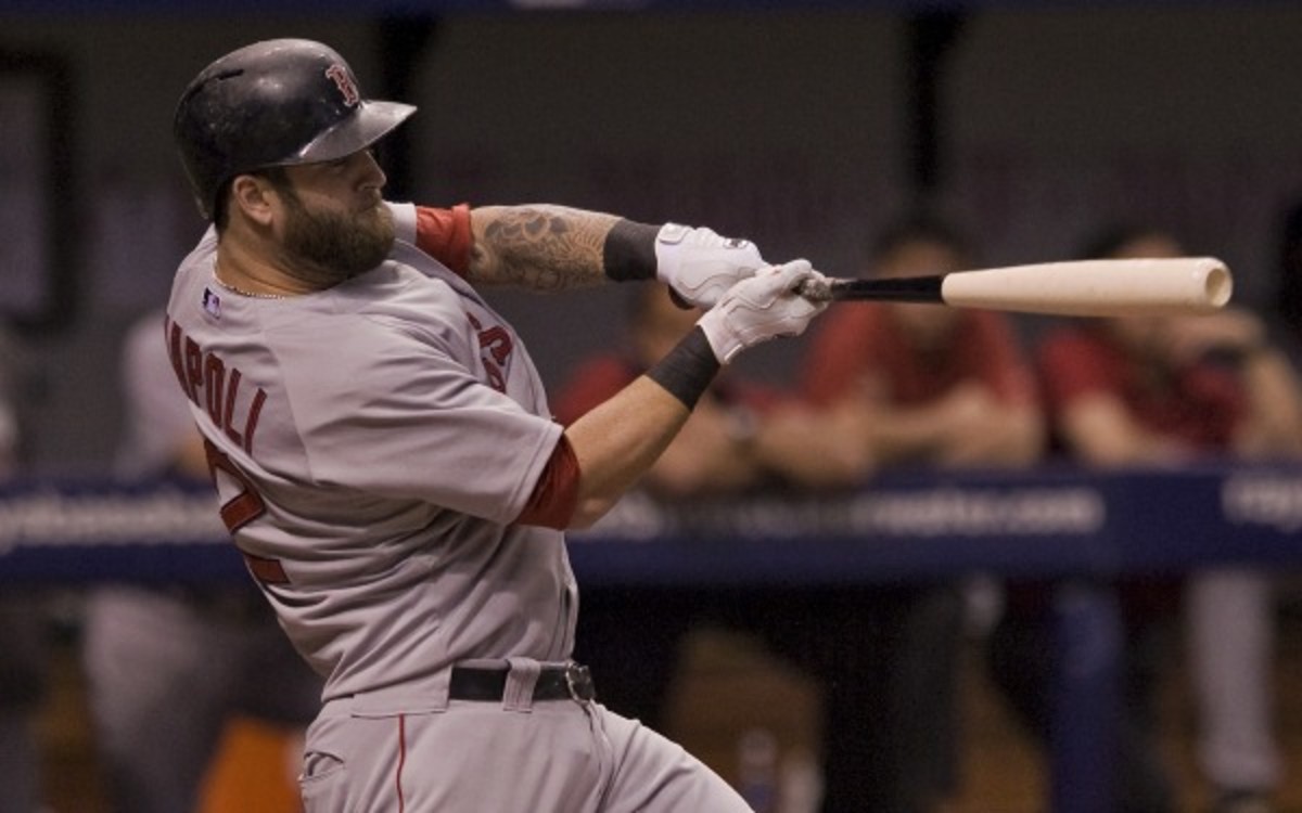 Boston Red Sox 1B Mike Napoli has a .390 on-base percentage and 31 walks.  (AP Photo/Steve Nesius)