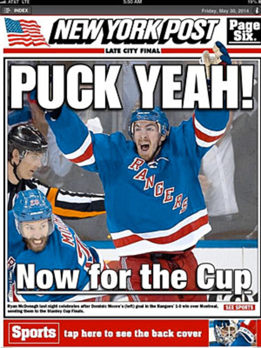 Front page of New York Post after Rangers won Eastern Conference final