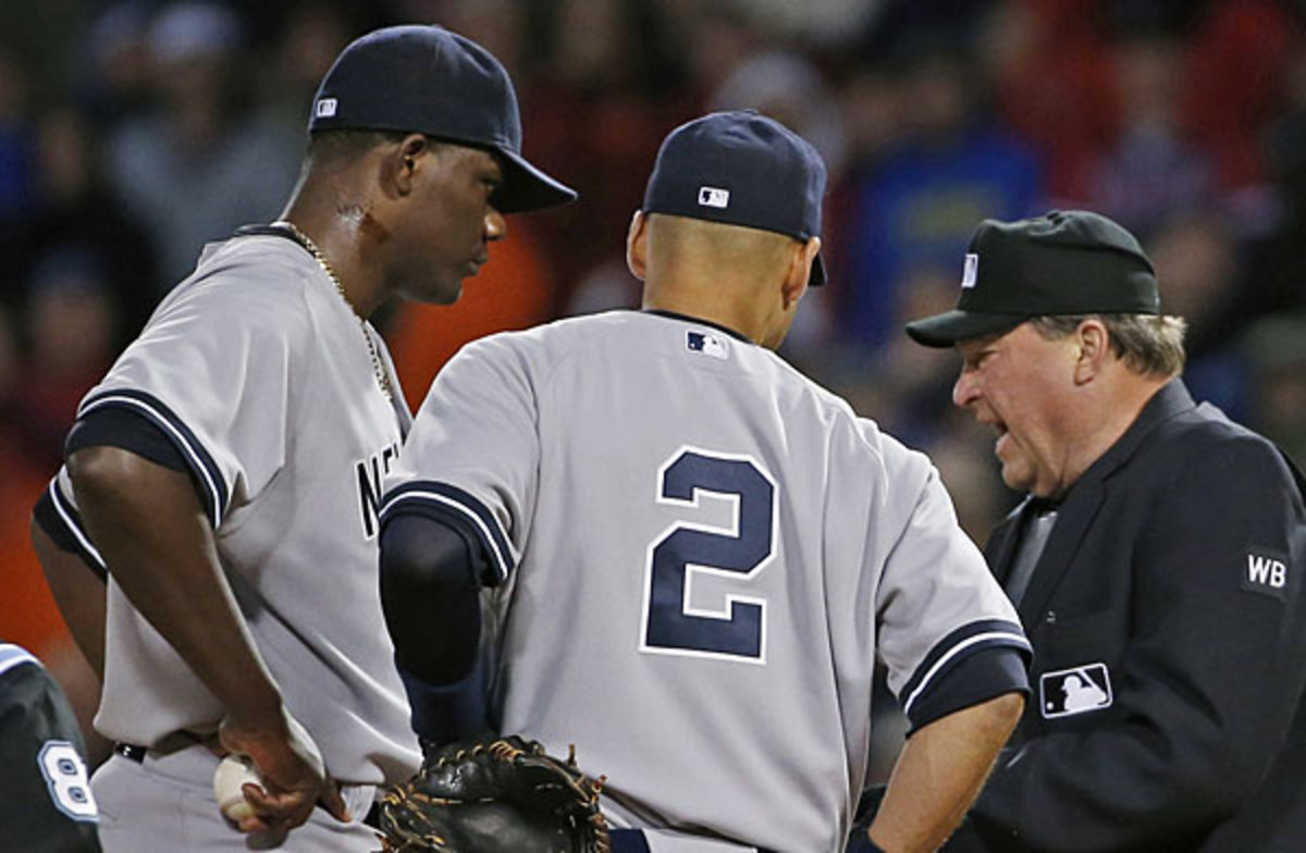 Michael Pineda, Derek Jeter and Gerry Davis