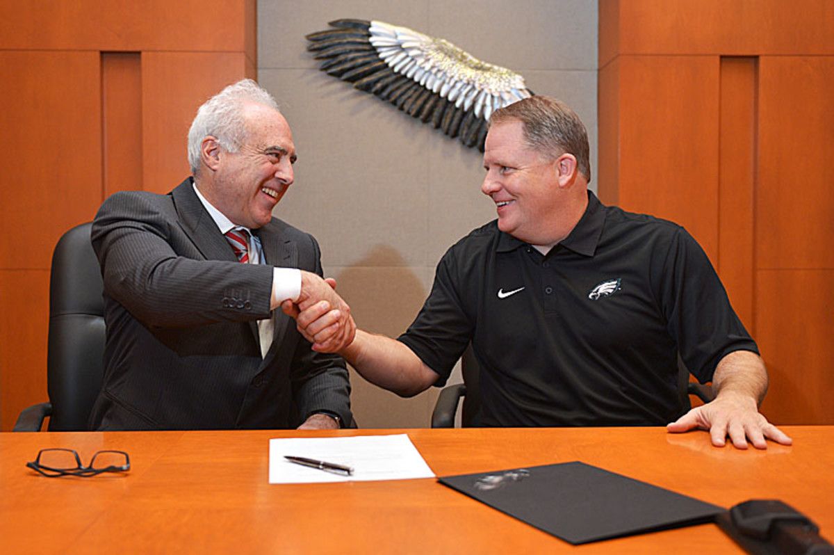 Jeff Lurie (r.) may need a Super Bowl ring to satisfy Eagles fans. Hiring Chip Kelly last offseason might have brought him closer. (Drew Hallowell/Philadelphia Eagles/Getty Images)