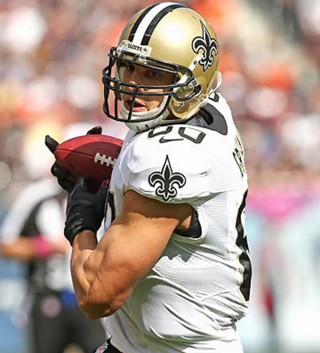 Jimmy Graham was tagged as a tight end, but is expected to file a grievance to be paid as a wide receiver. (Jonathan Daniel/Getty Images)
