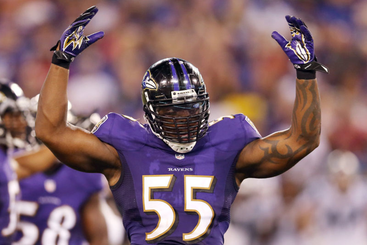 With Ray Lewis and Ed Reed gone, it’s Terrell Suggs’s defense now—but he’ll have to do more than just whoop it up if Baltimore is going to continue dominating on D. (Rob Carr/Getty Images)