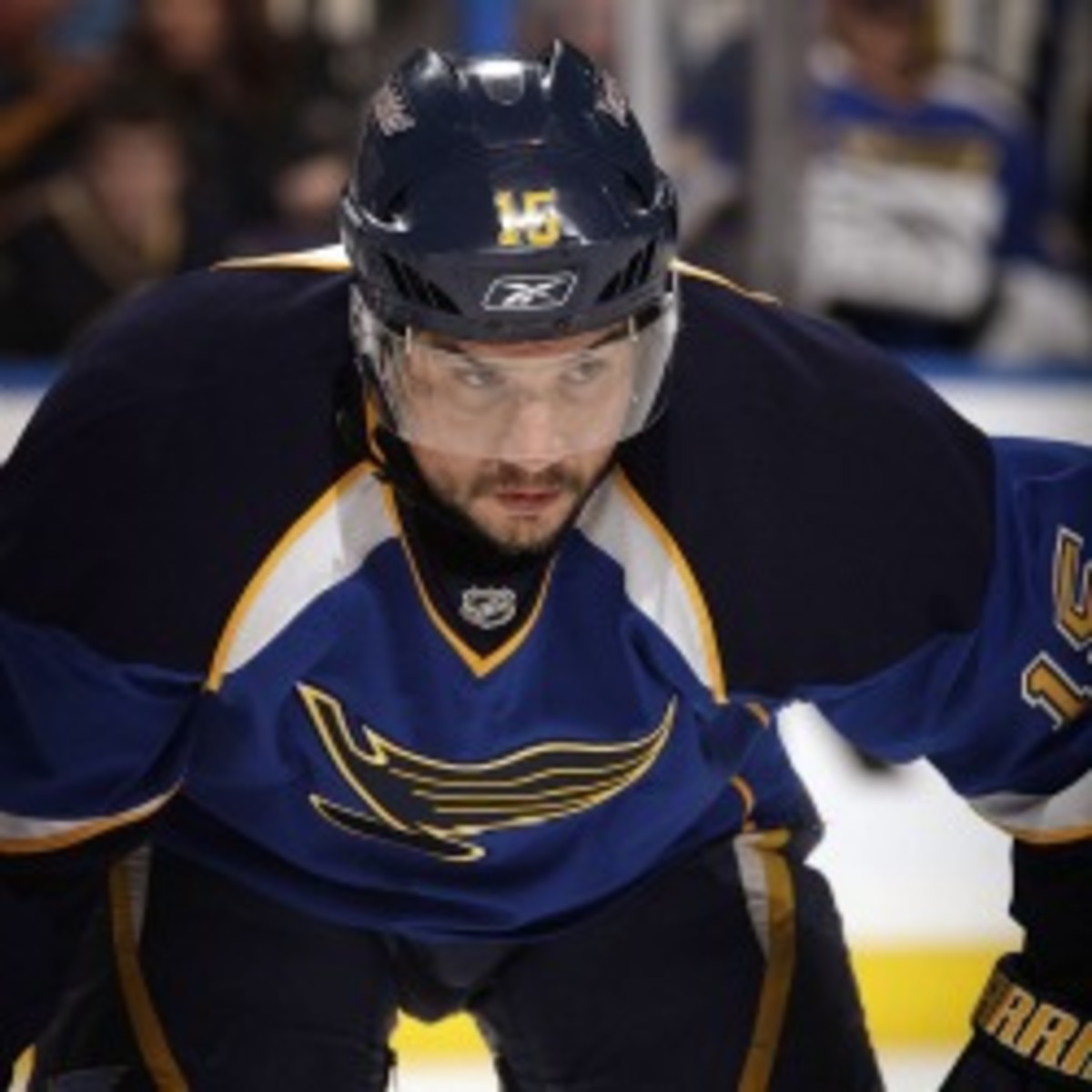 Blues forward Jamie Langenbrunner will miss the rest of the season with a hip injury. (Mark Buckner/NHL/Getty Images)