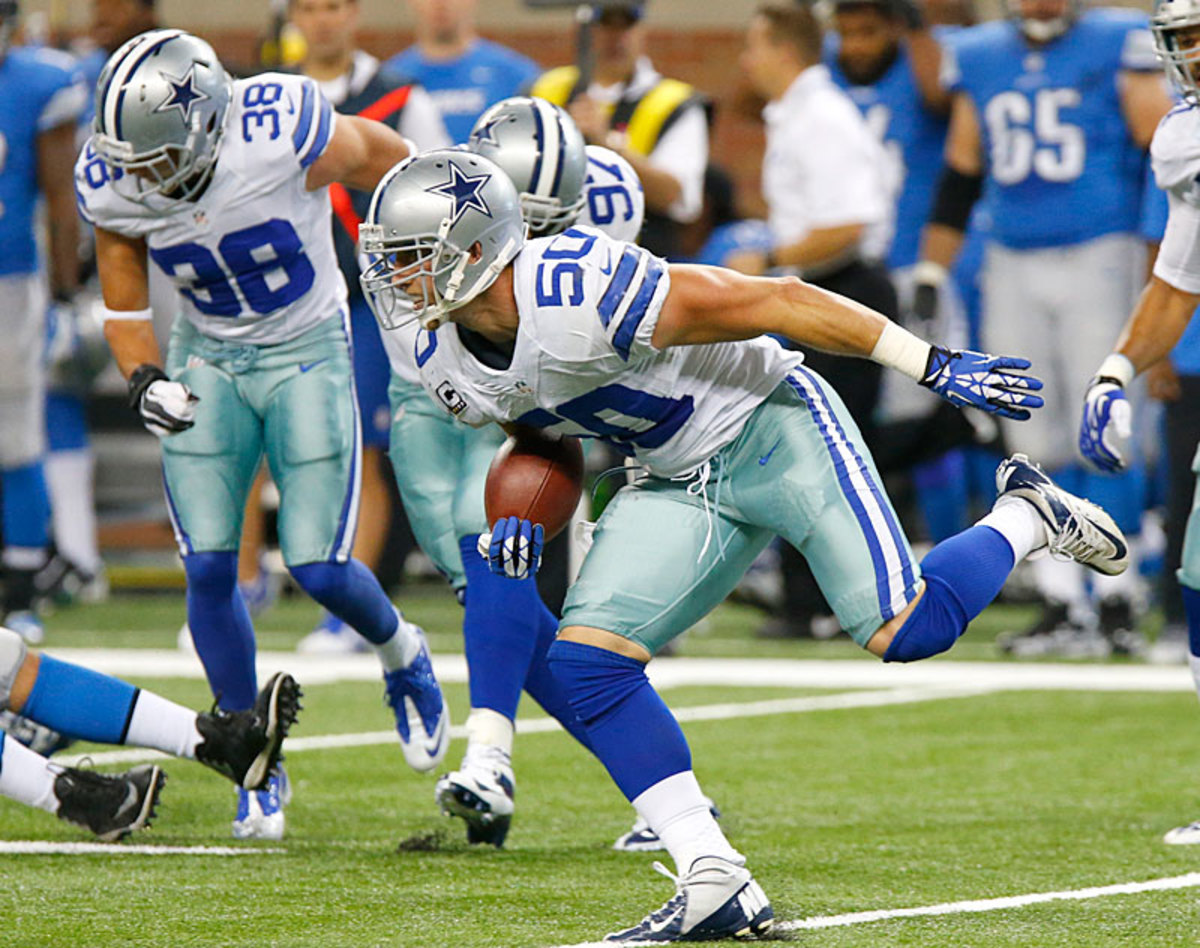 Sean Lee’s interception against the Lions was a product of film study, reading the quarterback and athleticism. (Duane Burleson/AP)