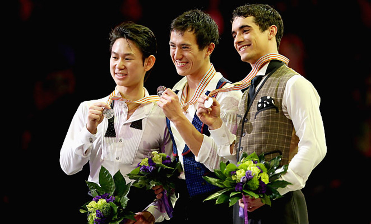 Denis Ten (left), Patrick Chan (center) and Javier Fernandez (right) won top honors at the 2013 World Figure Skating Championships. 