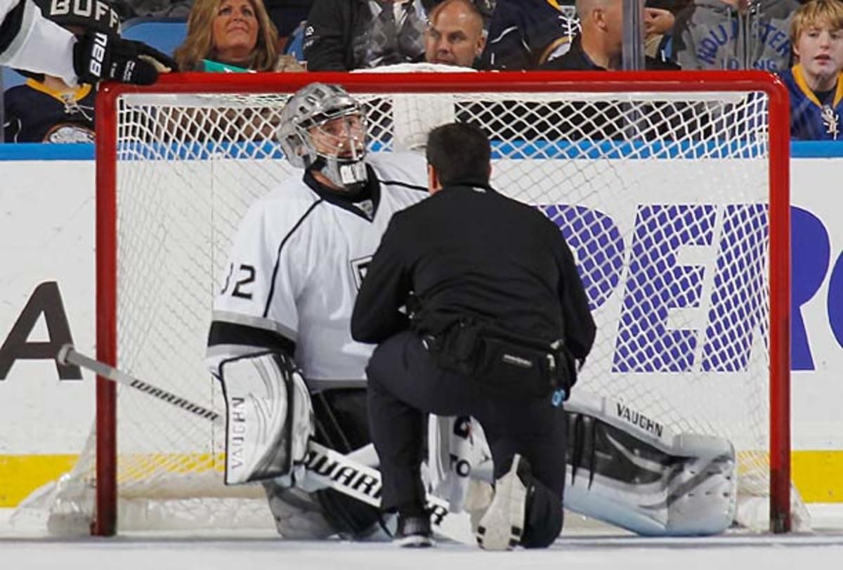 Jonathan Quick of the Los Angeles Kings suffers a groin injury.